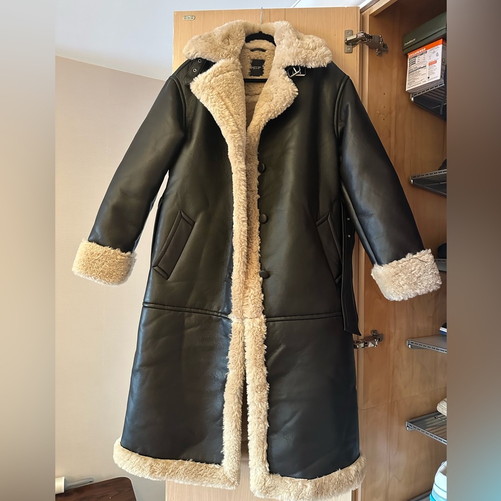 Faux Leather Long Dark Brown Coat